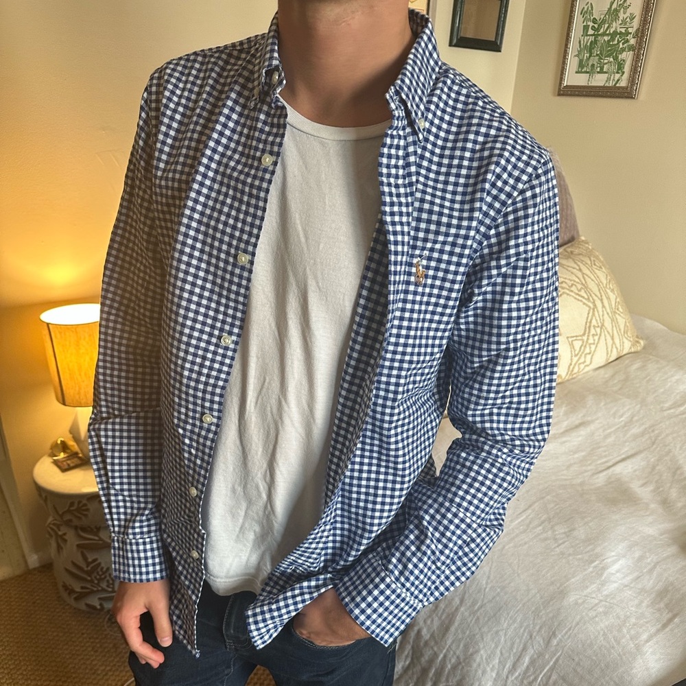 NWT Men’s Medium Ralph Lauren Blue Checkered Slim Fit Button Down Dress Shirt